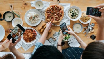 Friends taking photos of food at restaurant