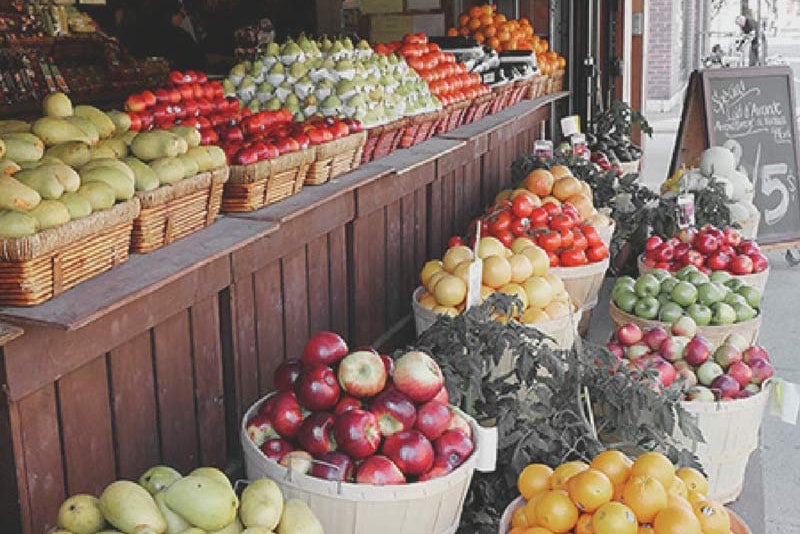 Baskets of fruit at a market