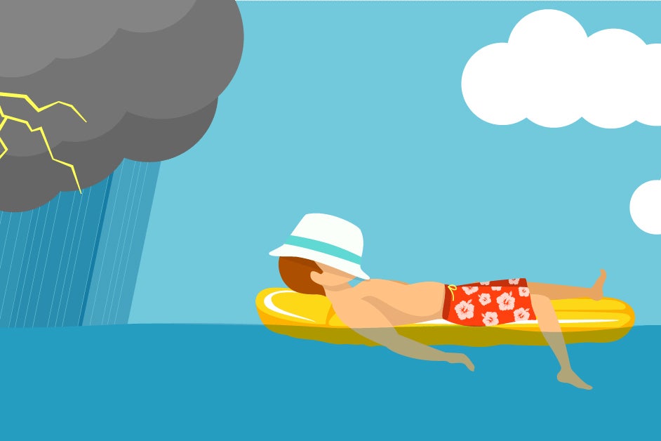 Cartoon of guy lazily floating next to a storm cloud