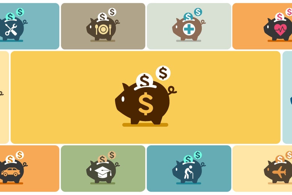 A series of piggy banks, one for each of life's expenses