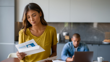 A woman looking over ways to lower her debt to income ratio.