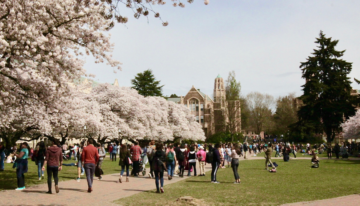 Potential college students on campus tours around current college students.