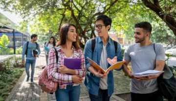 Young students at the college campus walking to class holding their books open discussing something