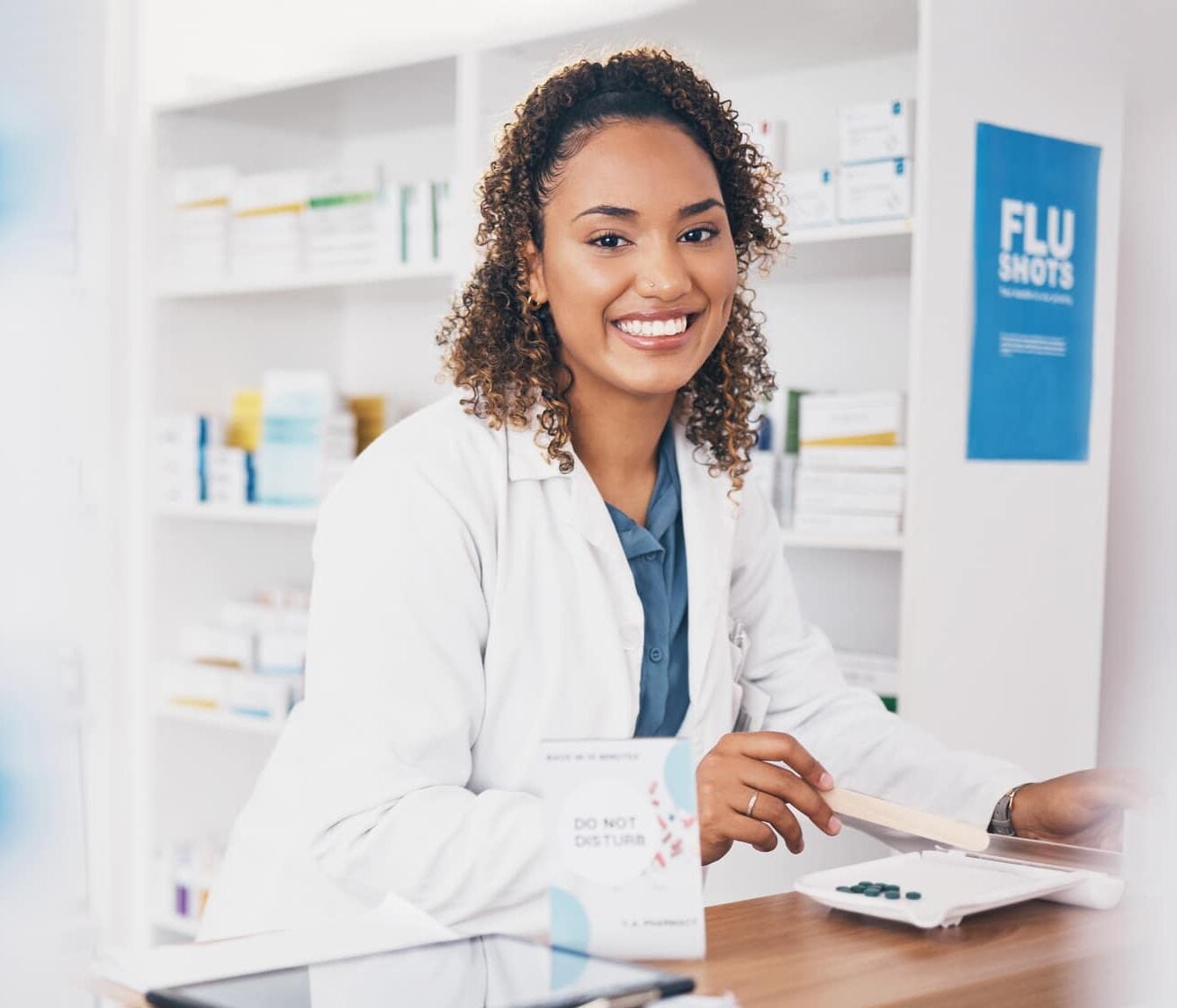 Organize pills, pharmacist or portrait of woman in pharmacy with smile in customer services or wellness clinic. Healthcare, medical or happy doctor smiling by medication products at retail drugstore